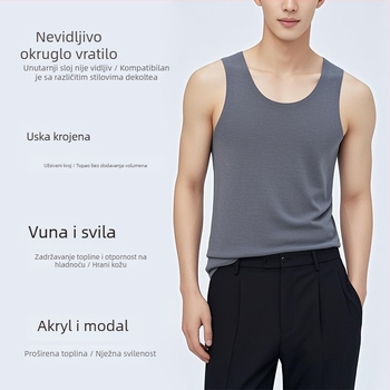 Muška termo vest od vune s akrilnom smjesom 50–70%, veluru podstava, baza sloj, jednofarbna, okrugli vrat, jednostruki sloj, ekstra debela tkanina 351–400 g/m2