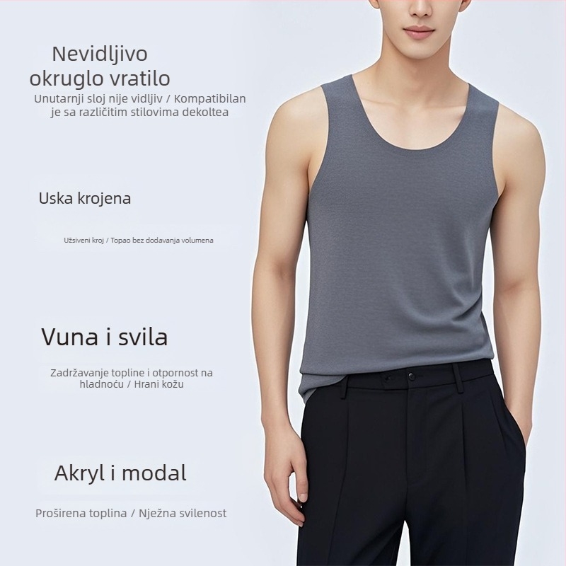 Muška termo vest od vune s akrilnom smjesom 50–70%, veluru podstava, baza sloj, jednofarbna, okrugli vrat, jednostruki sloj, ekstra debela tkanina 351–400 g/m2