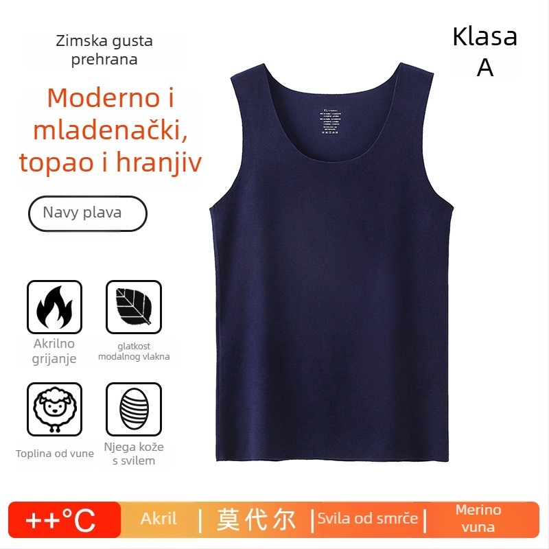 Muška termo vest od vune s akrilnom smjesom 50–70%, veluru podstava, baza sloj, jednofarbna, okrugli vrat, jednostruki sloj, ekstra debela tkanina 351–400 g/m2