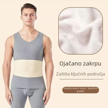 Muška termalna vest s dvostrukim slojem, fleece podstava, poliester, unutrašnji velur, V-izrez, pulover, bez šavova, zaštita struka i leđa