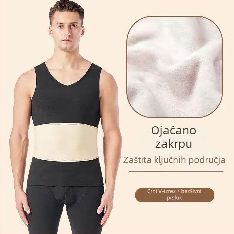 Muška termalna vest s dvostrukim slojem, fleece podstava, poliester, unutrašnji velur, V-izrez, pulover, bez šavova, zaštita struka i leđa