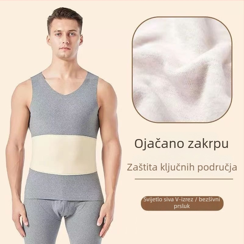 Muška termalna vest s dvostrukim slojem, fleece podstava, poliester, unutrašnji velur, V-izrez, pulover, bez šavova, zaštita struka i leđa