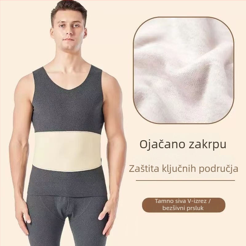 Muška termalna vest s dvostrukim slojem, fleece podstava, poliester, unutrašnji velur, V-izrez, pulover, bez šavova, zaštita struka i leđa
