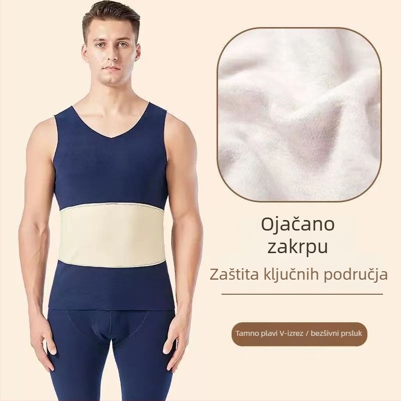 Muška termalna vest s dvostrukim slojem, fleece podstava, poliester, unutrašnji velur, V-izrez, pulover, bez šavova, zaštita struka i leđa