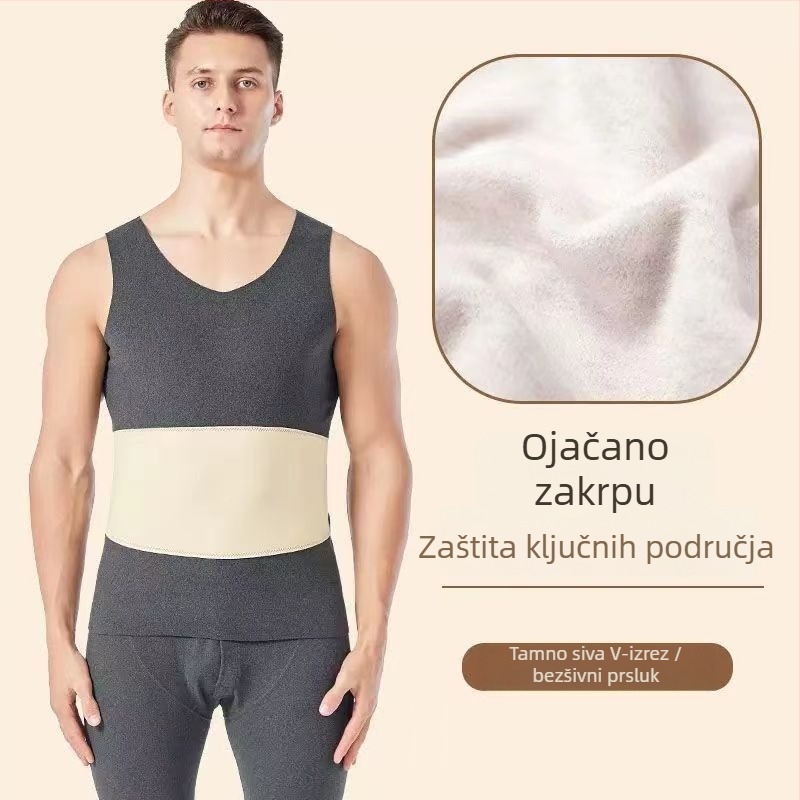 Muška termalna vest s dvostrukim slojem, fleece podstava, poliester, unutrašnji velur, V-izrez, pulover, bez šavova, zaštita struka i leđa