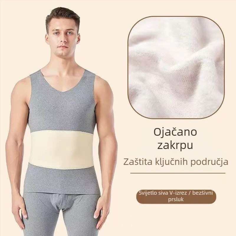 Muška termalna vest s dvostrukim slojem, fleece podstava, poliester, unutrašnji velur, V-izrez, pulover, bez šavova, zaštita struka i leđa