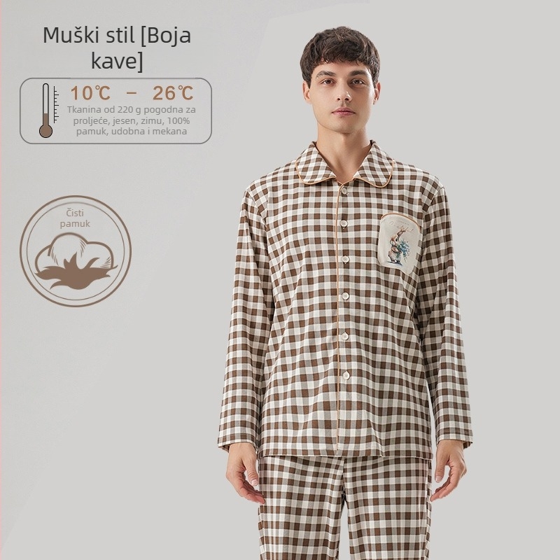 Muški pamučni set pidžama s kariranim uzorkom u japanskom stilu, dugi rukav i duge hlače, udoban kućni outfit za jesen i zimu