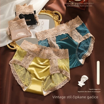 Satenirane čipkaste ženske gaće, srednje visoki pojas, panelni dizajn, glavni materijal: najlon, podstava od mulberry svile, vlakna 61-70d