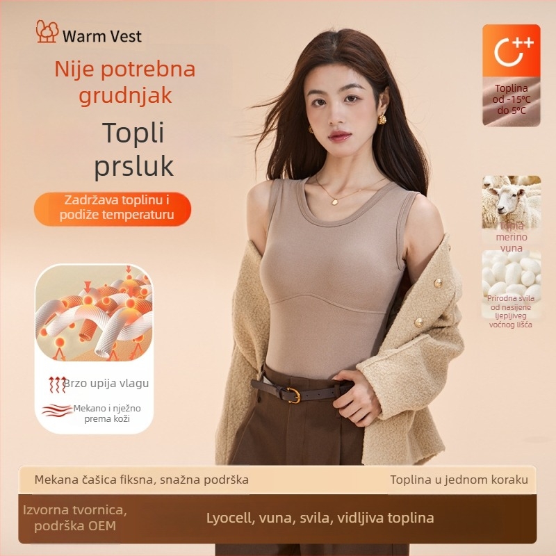 Ženski termalni vest s ugrađenim čašicama za dojke, debeli poliester 251–300 g/m², jednobojni uzorak, oblikuje tijelo