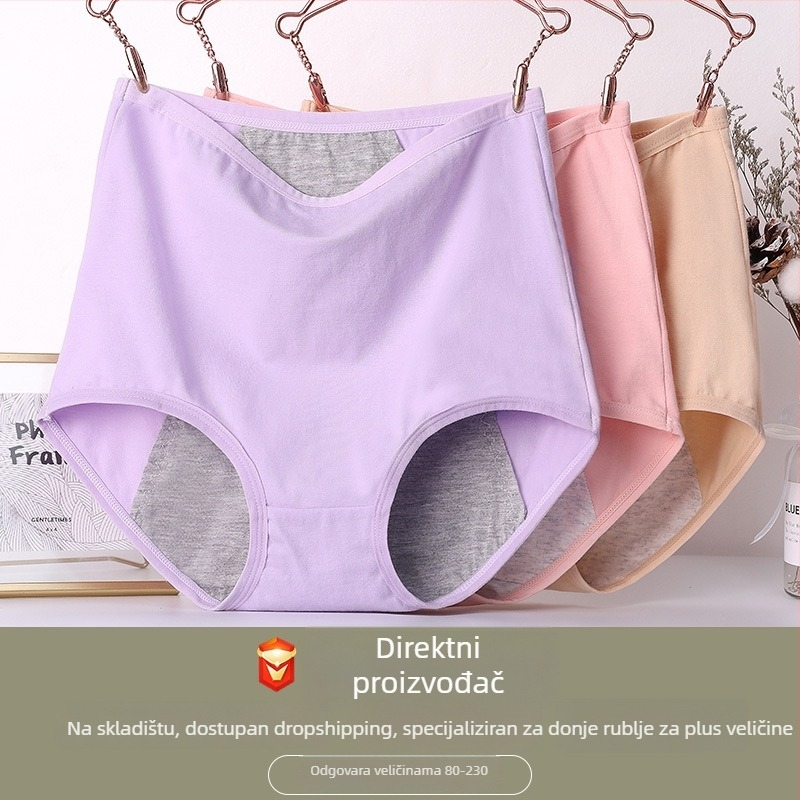 Plus-size ženske gaćice za menstruaciju od pamuka, visokog struka, otporne na curenje