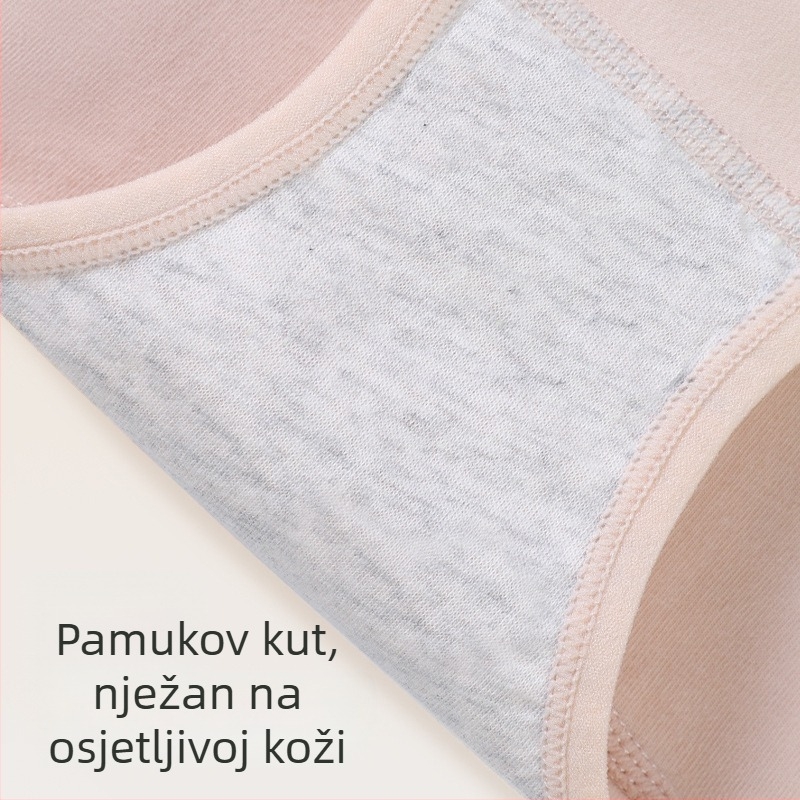 Pamukaste ženske menstrualne gaćice s srednjim strukom i produženim međunožjem, prozračne, trostruka zaštita od curenja