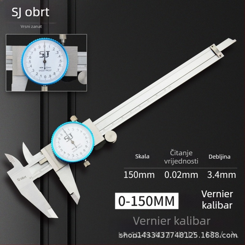 Vernier šubler s čitanjem, dvostruka otpornost na udarce, 0-150 mm, razlučivost 0,01/0,02 mm