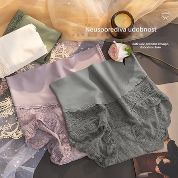 Ženske gaćice s visokim strukom od ledenog svile s čipkom, pamuk unutarnja podstava u preponi, prozračnost i antibakterijski, jacquard tkanina