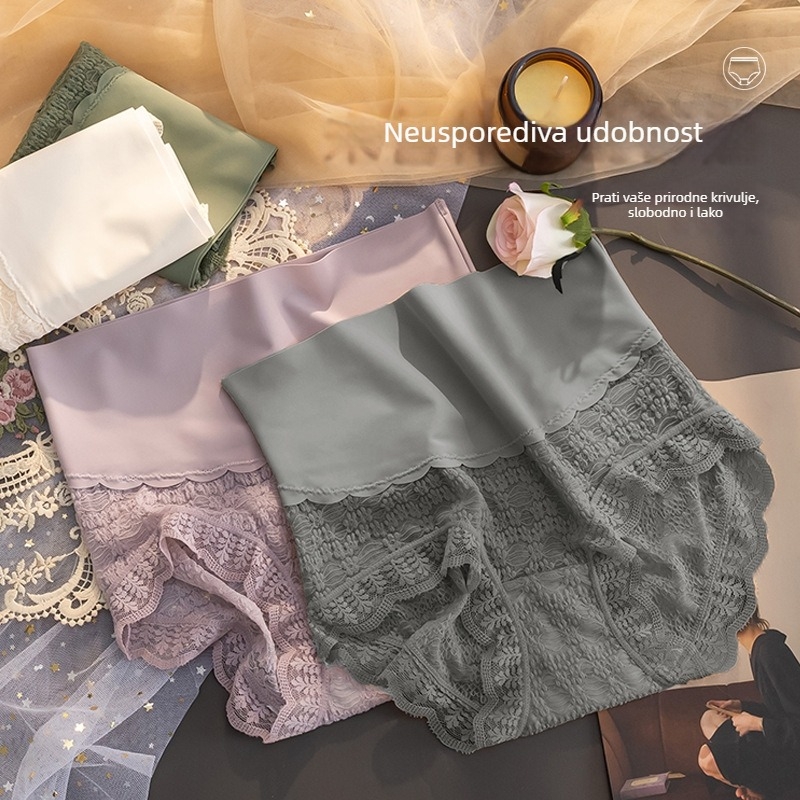 Ženske gaćice s visokim strukom od ledenog svile s čipkom, pamuk unutarnja podstava u preponi, prozračnost i antibakterijski, jacquard tkanina
