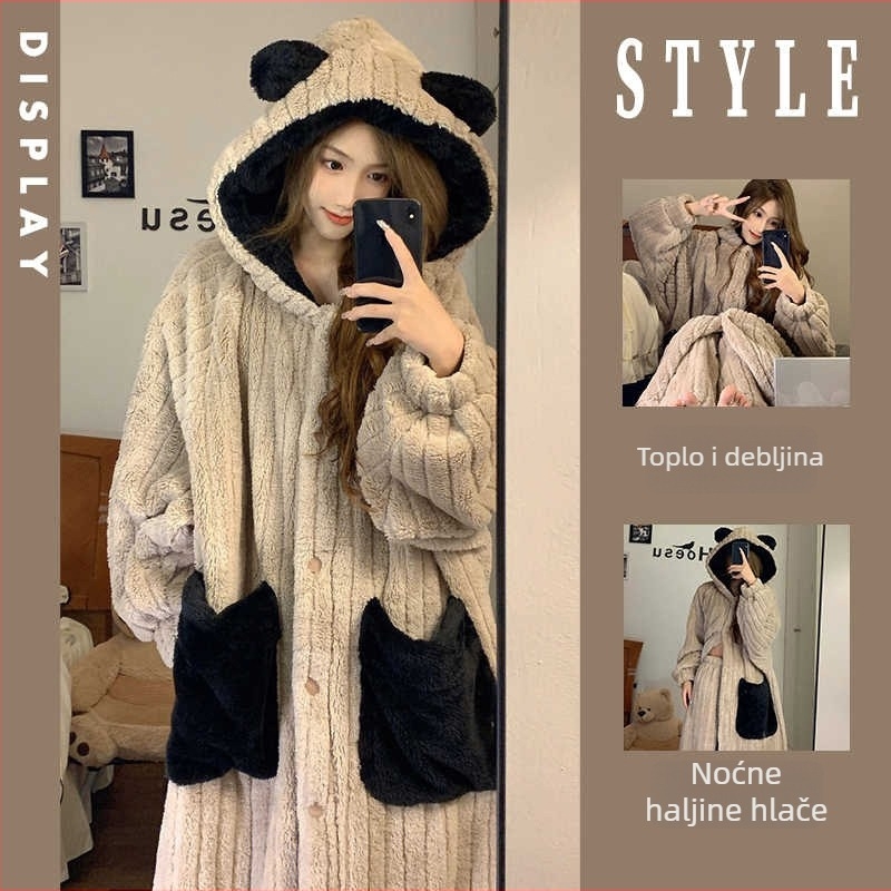 Flanel pijama set s debelim fleeceom, kapuljačom, dugim rukavima i dugim hlačama, poliester 95–100%, 201–250 g/m², zimski stil, siamski i bajkoviti stil