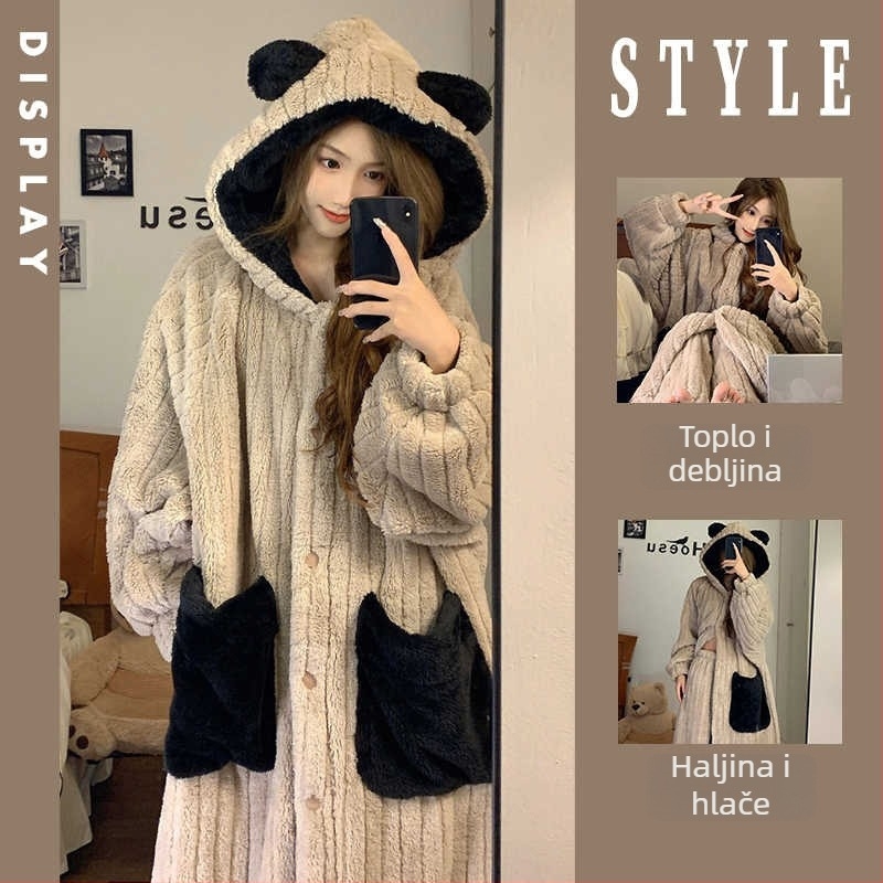 Flanel pijama set s debelim fleeceom, kapuljačom, dugim rukavima i dugim hlačama, poliester 95–100%, 201–250 g/m², zimski stil, siamski i bajkoviti stil