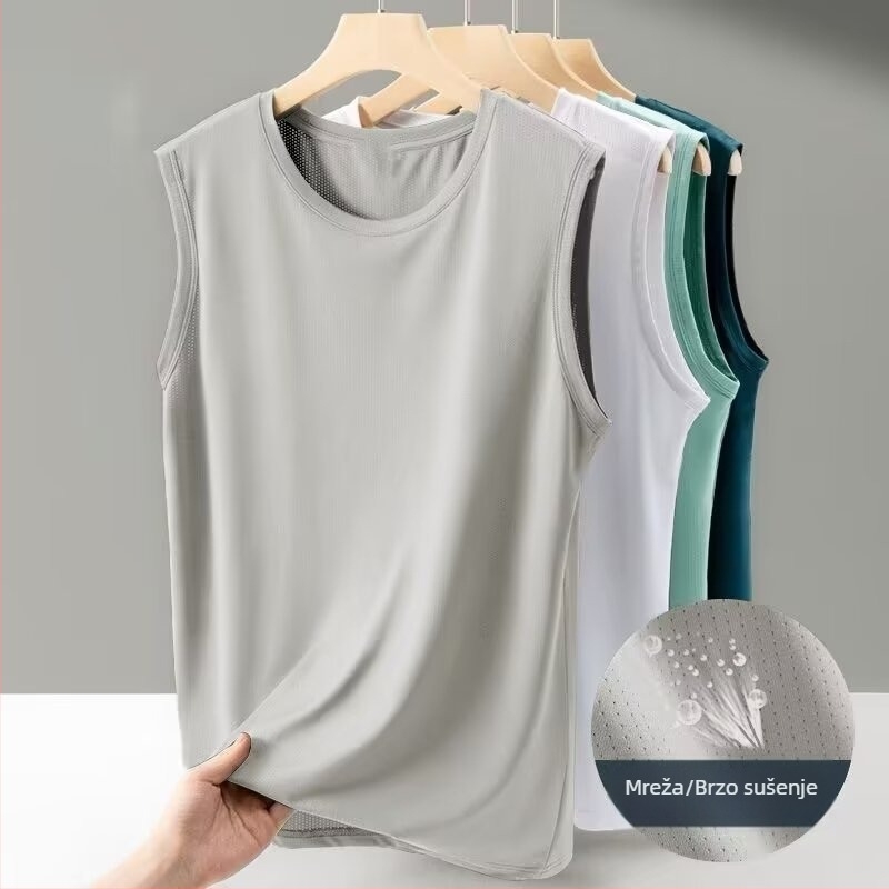 Muški Ice Silk majica bez rukava – opuštena ljetna kroj, okrugli ovratnik, 95–100% poliester, umjerena težina 161–180 g/m², Mlađalački stil