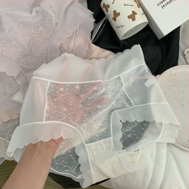Lagane ženske gaćice s visokim strukom od mrežastog jacquarda i čipke, sexy, plus veličina, cvjetni uzorak, prozračne, brzo se suše, podstava prepona od svile moruše