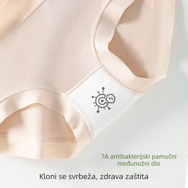 Ženske pamučne gaćice s rebrastom uzorkom, prozračne, bezšivne, nježne prema koži, antibakterijske 7A, cijeli pamuk u području prepona, veće veličine, pokrivaju bokove