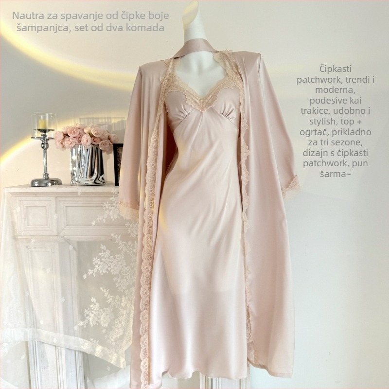 Dvostruki set pidžame od ice silk – noćna haljina i duga suknja, palatski stil, tanka tkanina 101–120 g/m², dugi rukavi