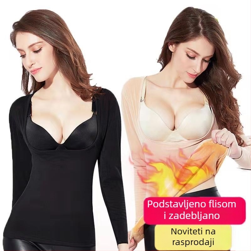 Ženska dojiljska termalna majica s niskim izrezom, fleece podstava, uski kroj, dugi rukavi, zimska baza