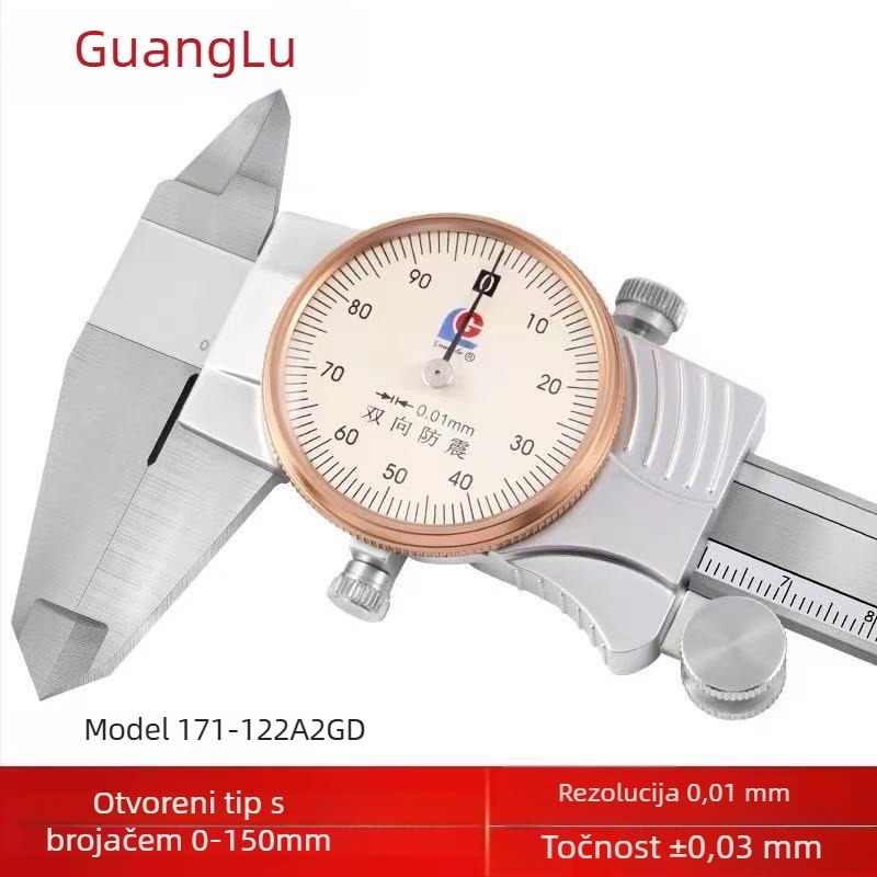 Guanglu Nehrđajući čelični kaliper s brojčanikom, preciznost 0,02, otporan na udarce