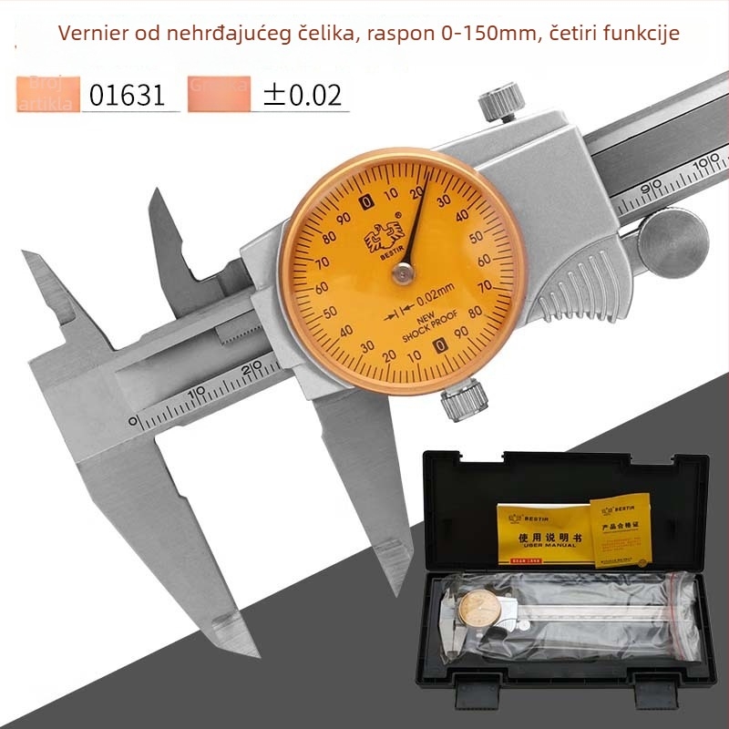 Kaliper od nehrđajućeg čelika, industrijske klase, visoka preciznost, za mjerenje unutarnjeg i vanjskog promjera, dubine i mjerenja koraka