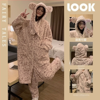 Leopard uzorak od coral fleece kapucnis pidžama dvodijelni set, debeli materijal 251–300 g/m2, dugi rukavi, hlače