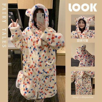 Leopard uzorak od coral fleece kapucnis pidžama dvodijelni set, debeli materijal 251–300 g/m2, dugi rukavi, hlače