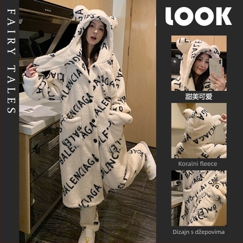 Leopard uzorak od coral fleece kapucnis pidžama dvodijelni set, debeli materijal 251–300 g/m2, dugi rukavi, hlače
