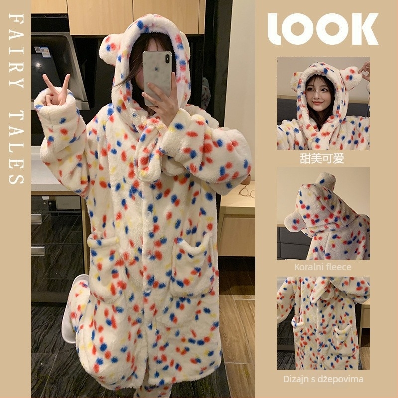 Leopard uzorak od coral fleece kapucnis pidžama dvodijelni set, debeli materijal 251–300 g/m2, dugi rukavi, hlače