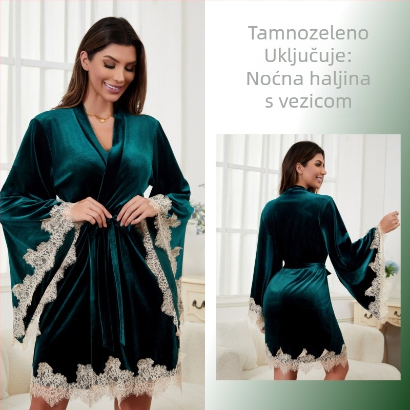 Baršunasto kratka noćna haljina s čipkom, V izrez, dugi rukavi, udobna kućna odjeća