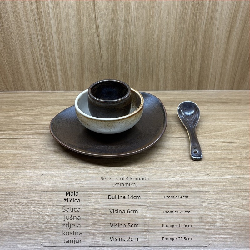 Keramički set od četiri dijela: pločica od kostiju, čaša za vodu, žlica i zdjela – Novi kineski stil, planinski divlji motiv; Materijal: keramika; Uzorak: jednofarban; Oblik: nepravilni