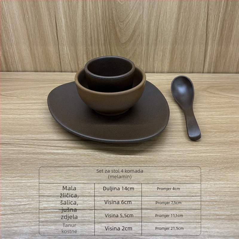 Keramički set od četiri dijela: pločica od kostiju, čaša za vodu, žlica i zdjela – Novi kineski stil, planinski divlji motiv; Materijal: keramika; Uzorak: jednofarban; Oblik: nepravilni