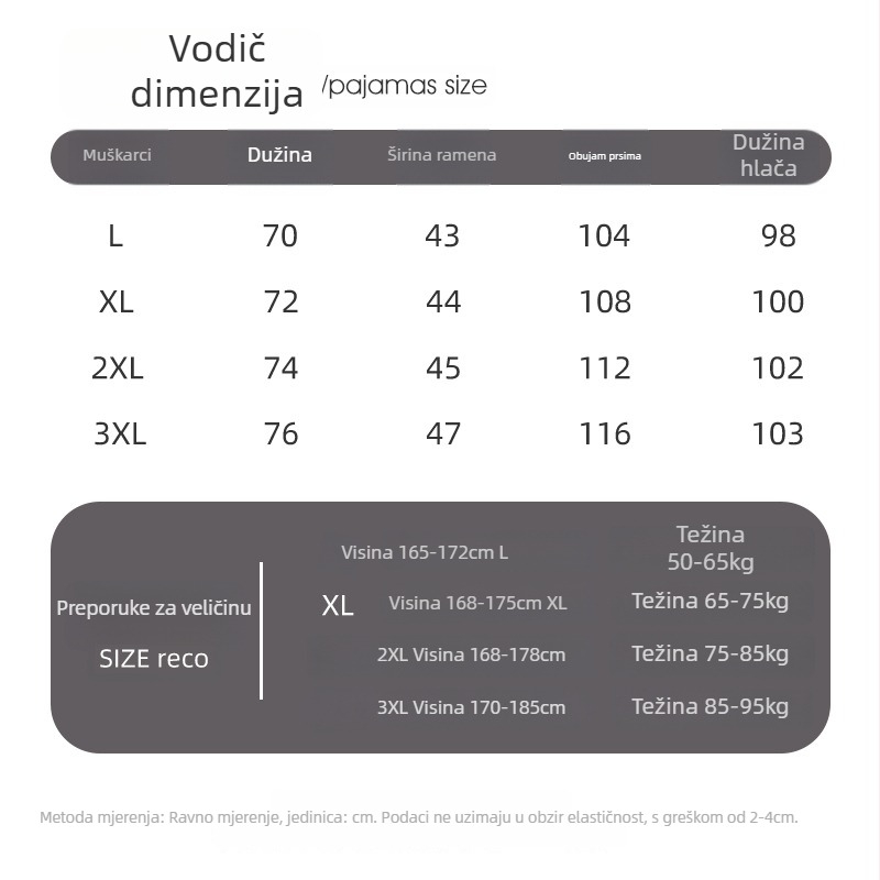 Muški pamuk pijama set – 100% pamuk, pulover s okruglim izrezom, dugi rukavi, hlače, srednje debljine 161–180 g/m², sva godišnja kućna odjeća