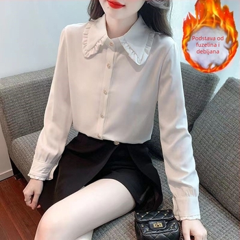Cardigan s flis podstavom, Baby Doll ovratnik, lampion rukavi, poliester ≥95%, tekstura crumple