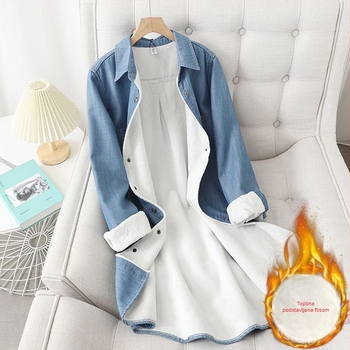 Žensko denim sako-bluza s baršunom, srednja duljina, udoban kroj, toplo i raskošno za jesen-zimu, luksuzan stil
