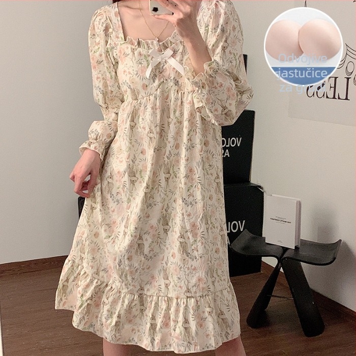Jednodjelna noćna haljina s jastučićem za prsima – tkanina pamuka s izgledom oblaka, dugi rukav, stil princeze