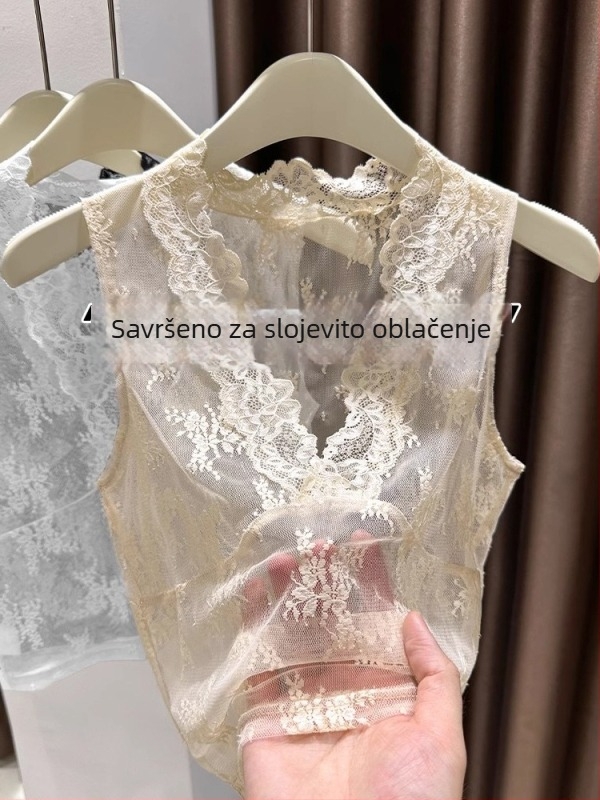 Čipkasti slojeviti cami-top s mrežastim preklopom, odvojive naramenice, A-kroj siluete, jesenska 2025 izdaja, mikroelastičnost