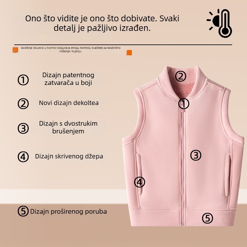 Ženska flis bez rukava s patentnim zatvaračem i stojećim ovratnikom, otporna na vjetar i topla za jesen-zimu