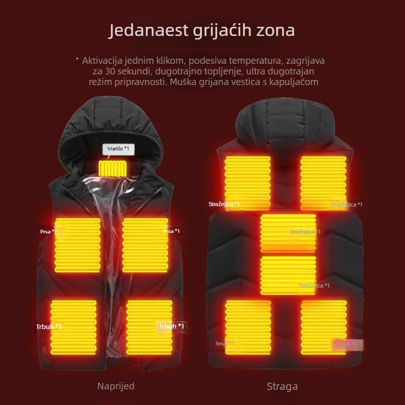 Ženska električno grijana vesta – uski kroj, pamuk punjenje, stojeći ovratnik, zatvarač, kardigan stil