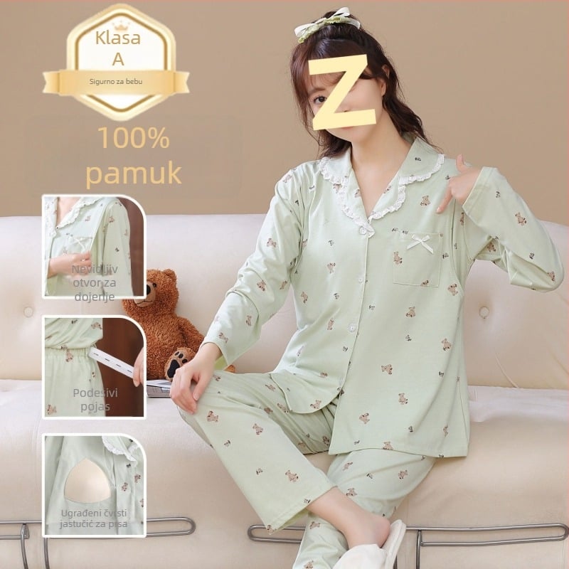 Pidzama za dojenje nakon poroda, od čiste pamuka, za sve sezone, s umetkom za dojenje; Tkanina: Tr fabric; Glavna tkanina: PVC; Udio glavne tkanine: ≤30%; Dugi rukav; Ovratnik polo
