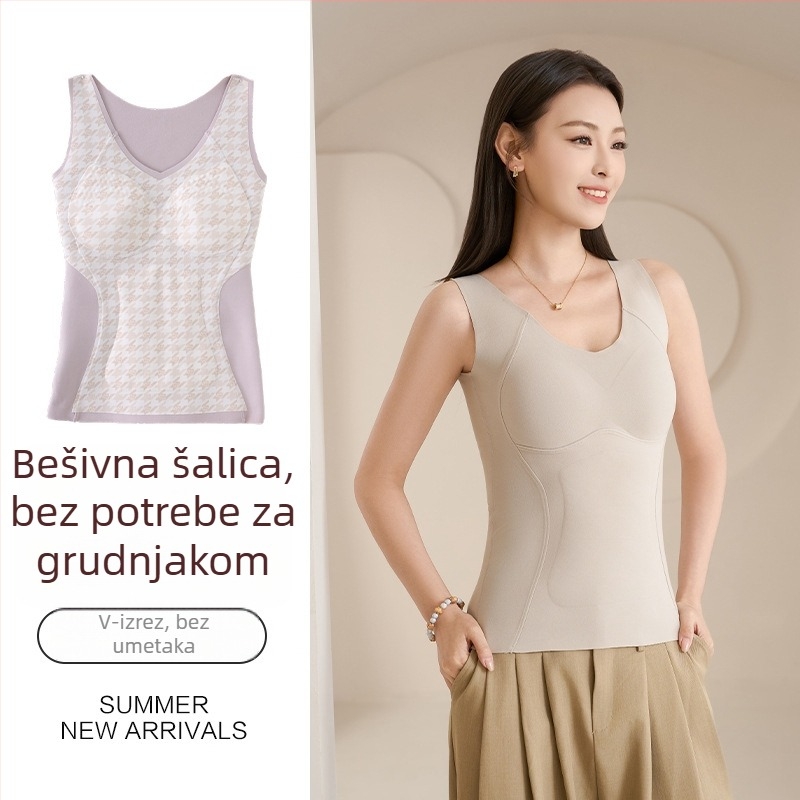 Ženska termalna vesta od vunene smjese s fleksom za jesen i zimu, V-dekolte, pulover stil, uski bazni sloj s remenom za trbuh i jastučićima za prsni koš