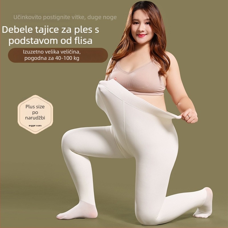 Bijele ženske plesne tajice, plus veličina, s fleec podstavom, debele, u jednom komadu, za jesen-zimu