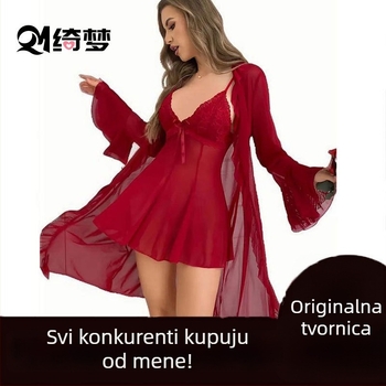 Noćni set s čipkastom mrežom, V-izrez, lagani prozračni poliester 80–90%, rukavi 9/4