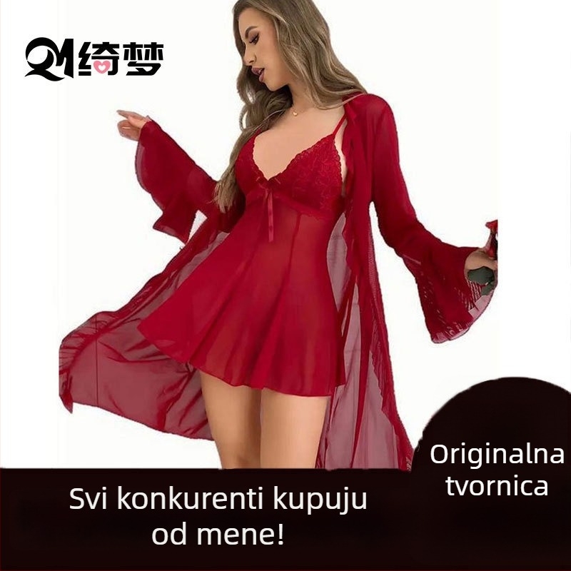 Noćni set s čipkastom mrežom, V-izrez, lagani prozračni poliester 80–90%, rukavi 9/4