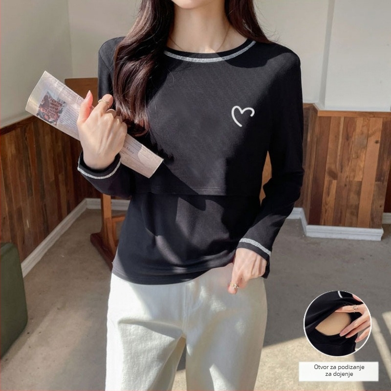 Top za dojenje nakon poroda, jesen-zima, 95% pamuk, okrugli izrez, dugi rukavi, standardna duljina (50–65 cm)