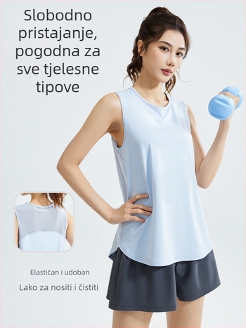 Žensko prozračno bez rukava majica s mrežastim stražnjim dijelom, slobodan kroj; poliester vlakno; 88% poliester