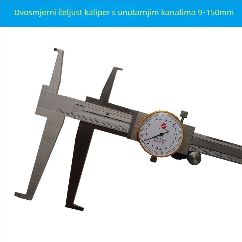 Shangshen mjerni kliješt s mjernim satom, unutarnja žljeb, dugačke čeljusti, model 9-150mm, raspon mjerenja 9-150mm, rezolucija 0,02 mm
