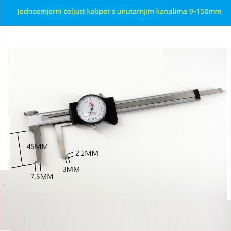 Shangshen mjerni kliješt s mjernim satom, unutarnja žljeb, dugačke čeljusti, model 9-150mm, raspon mjerenja 9-150mm, rezolucija 0,02 mm